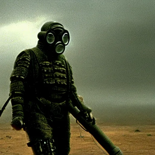 Prompt: a heavily armored man wearing a gasmask, walking through a land made of flesh and eyes, surreal, film still, directed by Phil Tippett, arriflex