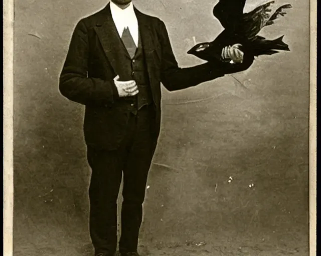 Image similar to early 1 9 0 0 s photo of a man in a suit next to a huge black taxidermied bird, black and white, newspaper clipping