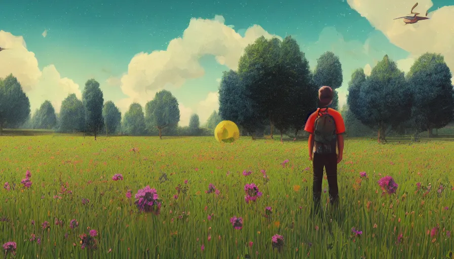 Prompt: black hexagons in the sky, field with grass and flowers, big tree, person, matte painting, art station, blue sky, simon stalenhag