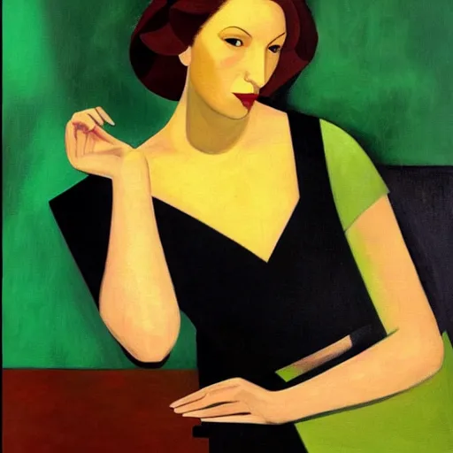 Prompt: portrait of writer clarice lispector in her green dress, by tamara de lempicka