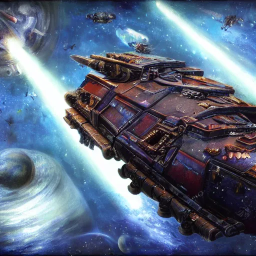 Prompt: Photorealistic, Warhammer 40k Batttlebarge, Space