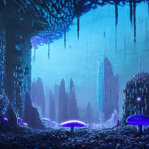 Image similar to concept art detailed painting of a dark purple fungal city made of mushrooms, with glowing blue lights, in the style of jordan grimmer and neil blevins and wayne barlowe