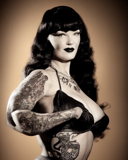 Image similar to 2 8 mm closeup portrait of a beautiful bettie page with long dark wind blown hair and tattoos in a photo studio, rim lighting, glamour pose, hyper realistic, pinup, hd, octane, arney freytag, 1 9 4 5