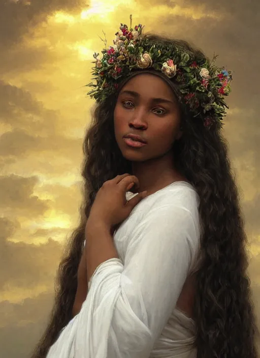 Image similar to oil painting close up portrait of a contemplative young black celtic woman with long dark flowing hair in a white dress, wearing a crown of white roses!! at sunset, hazy, digital art, chiaroscuro, artstation, cinematic, golden hour, digital art painting by greg rutkowski, william - adolphe bouguereau, hazy atmosphere, cinematic lighting