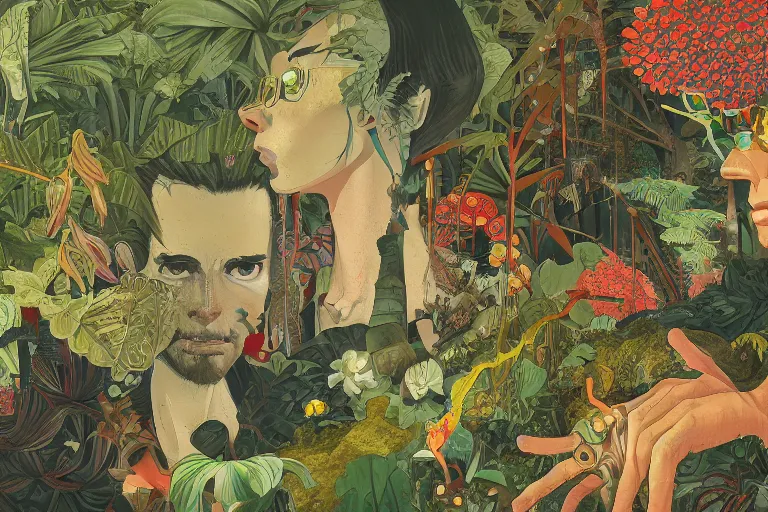 Image similar to 2 d gouache illustration, a lot of exotic vegetation, trees, many many many human heads, flowers, oldschool vintage sci - fi flat surreal design, super - detailed, painting by satoshi kon, hd, 4 k, high quality