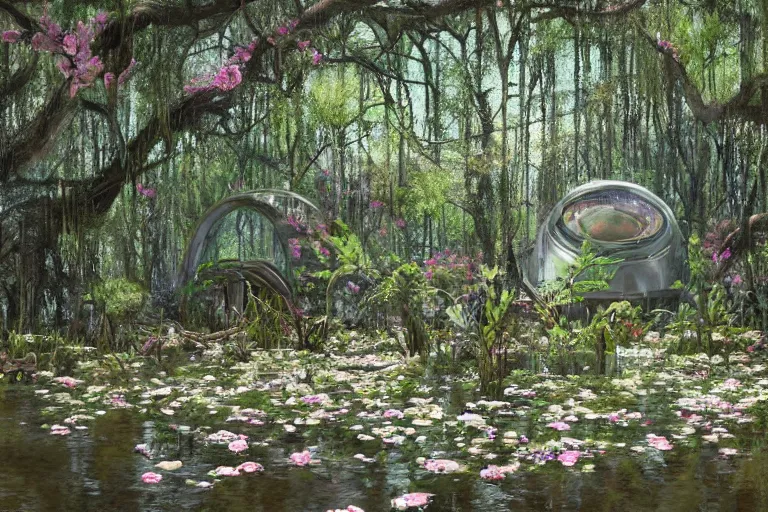 Image similar to hyperrealism, scene from starship, louisiana swamps, spring blooming flowers garden, true detective, 8 k, 8 0 s japanese sci - fi books art