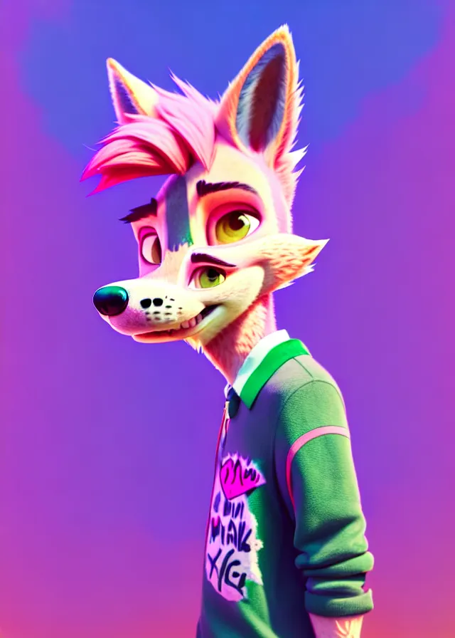 Image similar to portrait of a cute male boy with pink hair and pink wolf ears and freckles stylish clothes in a city in the style of zootopia, disney, volumetric lighting, subsurface scattering, photorealistic, octane render, random artists