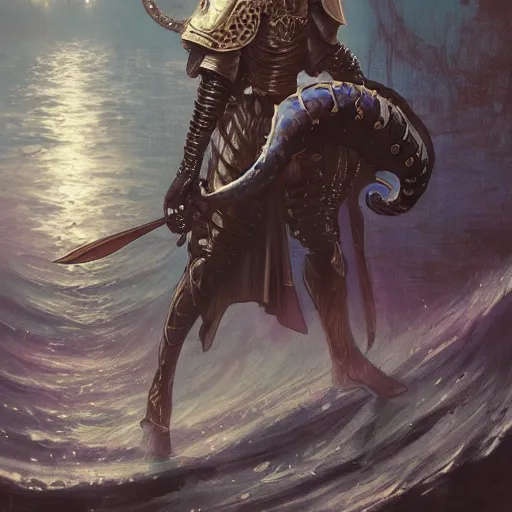 Image similar to knight in heavy armor deep in dark water, tentacles surrounding him, pearl armor, fantasy, highly detailed, digital painting, trending on artstation, concept art, sharp focus, illustration, art by alphonse mucha and artgerm and nixeu and greg rutkowski and magali villeneuve