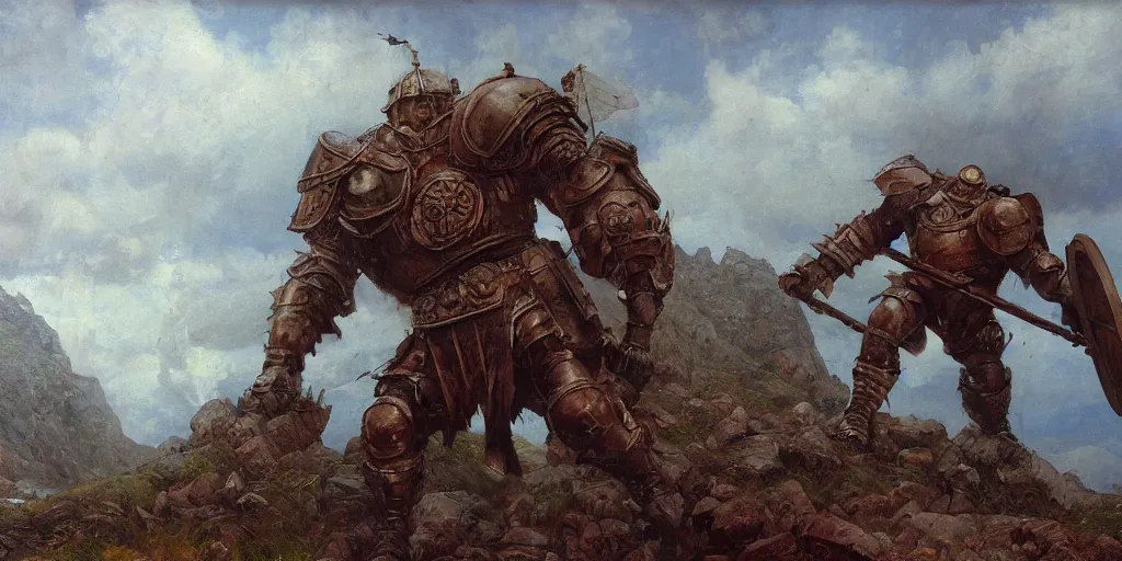 Prompt: full body blued-steel titan colossus in pacing through hills, crossing the river, mountain valley to fortress, with armour, with war hammer, artillery, fine art, artstation, matte painting, masterpiece by vasnetsov and surikov