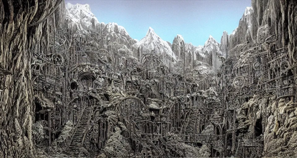 Image similar to Masterfully drawn mspaint art piece of middle-earth's 'Mines of Moria' by James Gurney. View from underground within ancient dwarven mining equipment and architecture. Amazing beautiful incredible wow awe-inspiring fantastic masterpiece gorgeous fascinating glorious great.