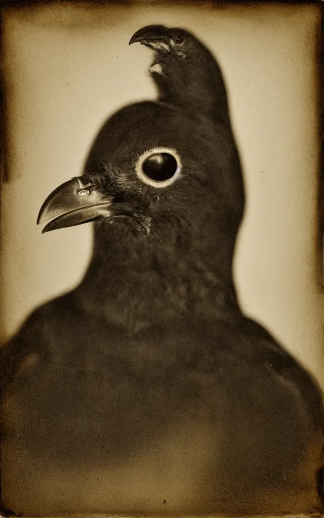 Image similar to portrait of a creepy human - crow hybrid, daguerreotype, studio lighting, hyperrealistic, ultra detailed