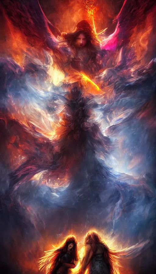 Image similar to the neverending battle between light and dark, angels vs demons, vivid colors, inferno, epic, cinematic, digital art, 4 k, fantasy