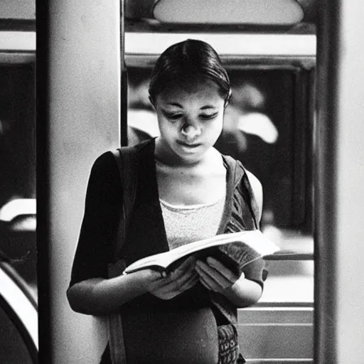 Image similar to “ girl reading a book in the new york city subway, detailed faces, photograph by henri cartier - bresson ”