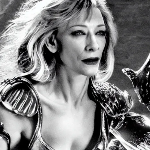 Prompt: cate blanchett fighting a monster, barbarella