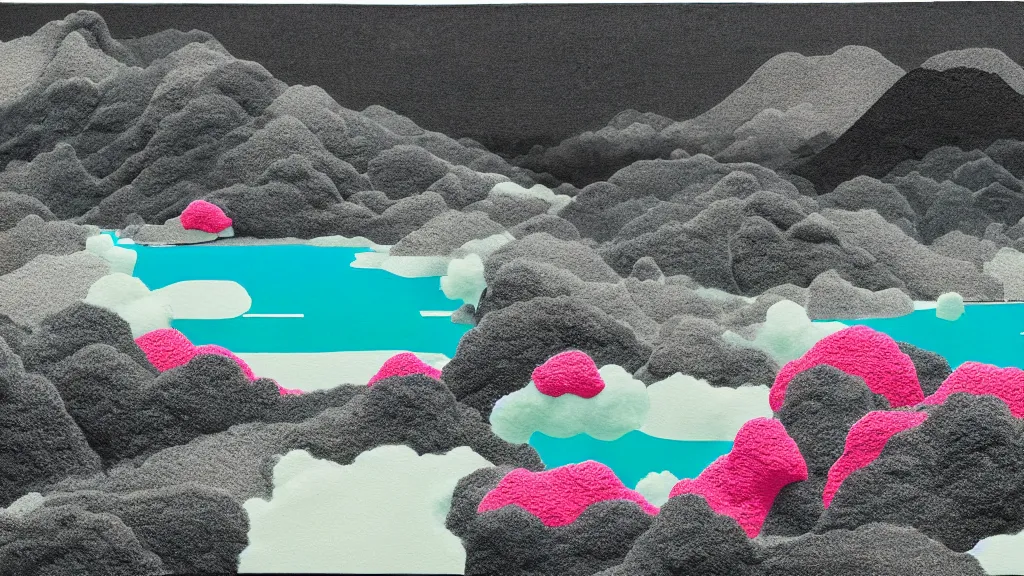 Image similar to dramatic landscape of amami oshima, japan, a collage painting, in the style of wes anderson, lola dupre, david hockney, isolated on negative white space background dark monochrome neon fluorescent spraypaint accents volumetric octane render