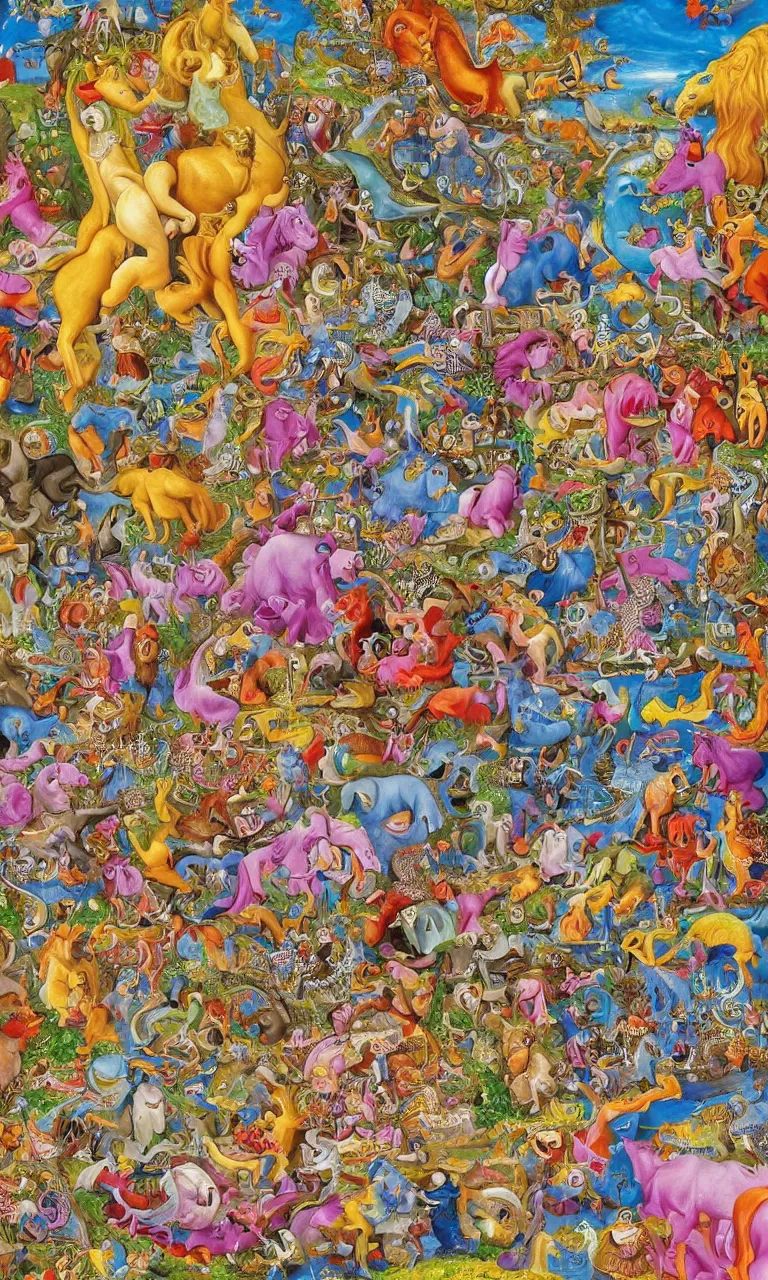 Image similar to an incredibly detailed masterpiece painting of a I SPY puzzle by bosch and lisa frank, ornate, beautiful, bold colors, detailed, high resolution, wow!, intricate