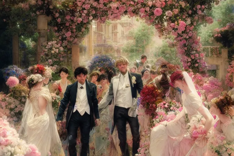 Image similar to the groom look at the bride at a wedding full of flowers, bright and happy, dreamlike art, highly detail, 4 k realistic, wedding photoy krenz cushart, artem demura, yoji shinkawa artgerm, jon lothian, danilo torres. adi meyers. thomas reimann. gaston bussiere.