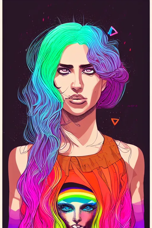 Image similar to a award winning half body portrait of a beautiful woman with stunning eyes in a printed croptop and cargo pants with rainbow colored ombre hairstyle head in motion and hair flying by josan gonzales, outrun, vaporware, shaded flat illustration, digital art, trending on artstation, highly detailed, fine detail, intricate