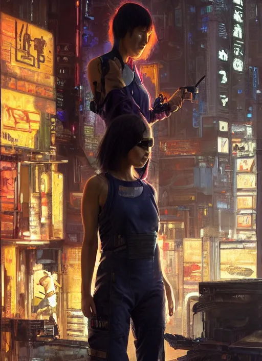 Image similar to Nikki Tanaka. Cyberpunk mechanic in jumpsuit (blade runner 2049, cyberpunk 2077). Orientalist portrait by john william waterhouse and James Gurney and Theodore Ralli and Nasreddine Dinet, oil on canvas. Cinematic, hyper realism, realistic proportions, dramatic lighting, high detail 4k