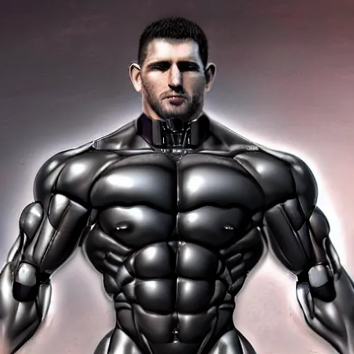 Image similar to a realistic detailed photo of a bodybuilder who is also a male android, Chris Redfield, shiny skin, posing robotically. blank stare