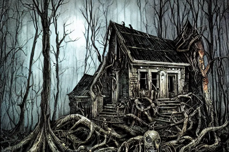 Image similar to mad horror painting of a futuristic alien witch house from another dimension in the woods by ben templesmith