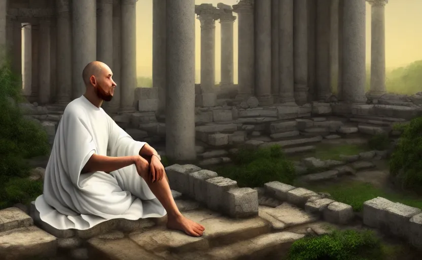 Prompt: very distant monk wearing a white garment and sitting inside a great ruined marble temple while being illuminated by daylight, vegetation, detailed, photorealism, digital painting, 4k