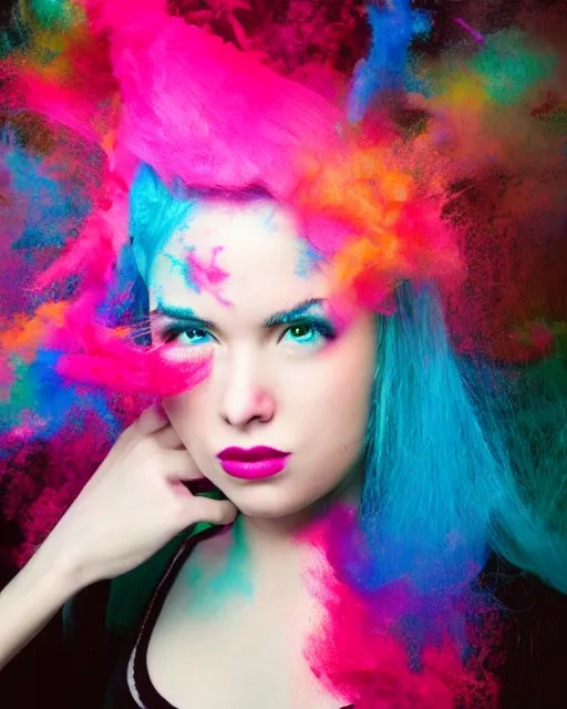 Prompt: a dramatic lighting photo of a beautiful young woman with cotton candy hair. paint splashes. with a little bit of cyan, red, yellow, pink