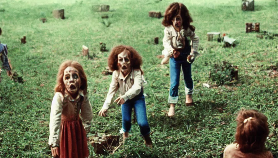 Image similar to 7 0 s film still from a horror movie of young children playing in a graveyard, kodachrome, cinecolor, cinestill, photorealism, cinematic, film grain, film texture, vhs recording