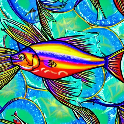 Image similar to psychedelic, photorealistic, colorful fish in a maximalist style on a background that fades to black