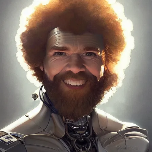 Prompt: portrait of cyborg bob ross intricate, elegant, highly detailed, my rendition, digital painting, artstation, concept art, smooth, sharp focus, illustration, art by artgerm and greg rutkowski and alphonse mucha and uang guangjian and gil elvgren and sachin teng, symmetry!!