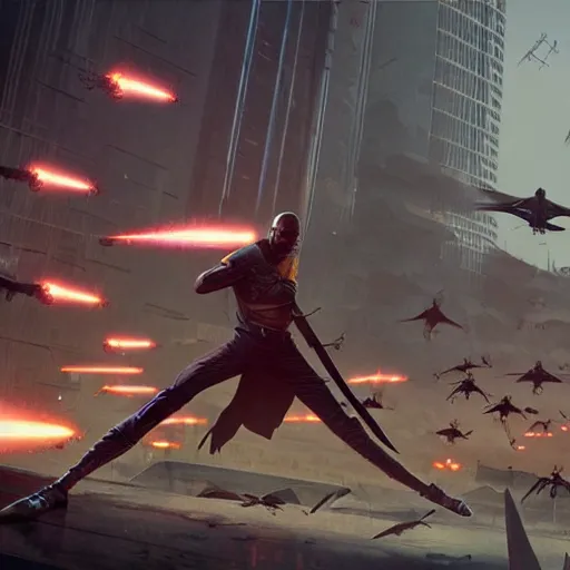 Prompt: mace windu fighting a group of pterodactyls flying over him in a destroyed cyberpunk city shooting lasers by greg rutkowski