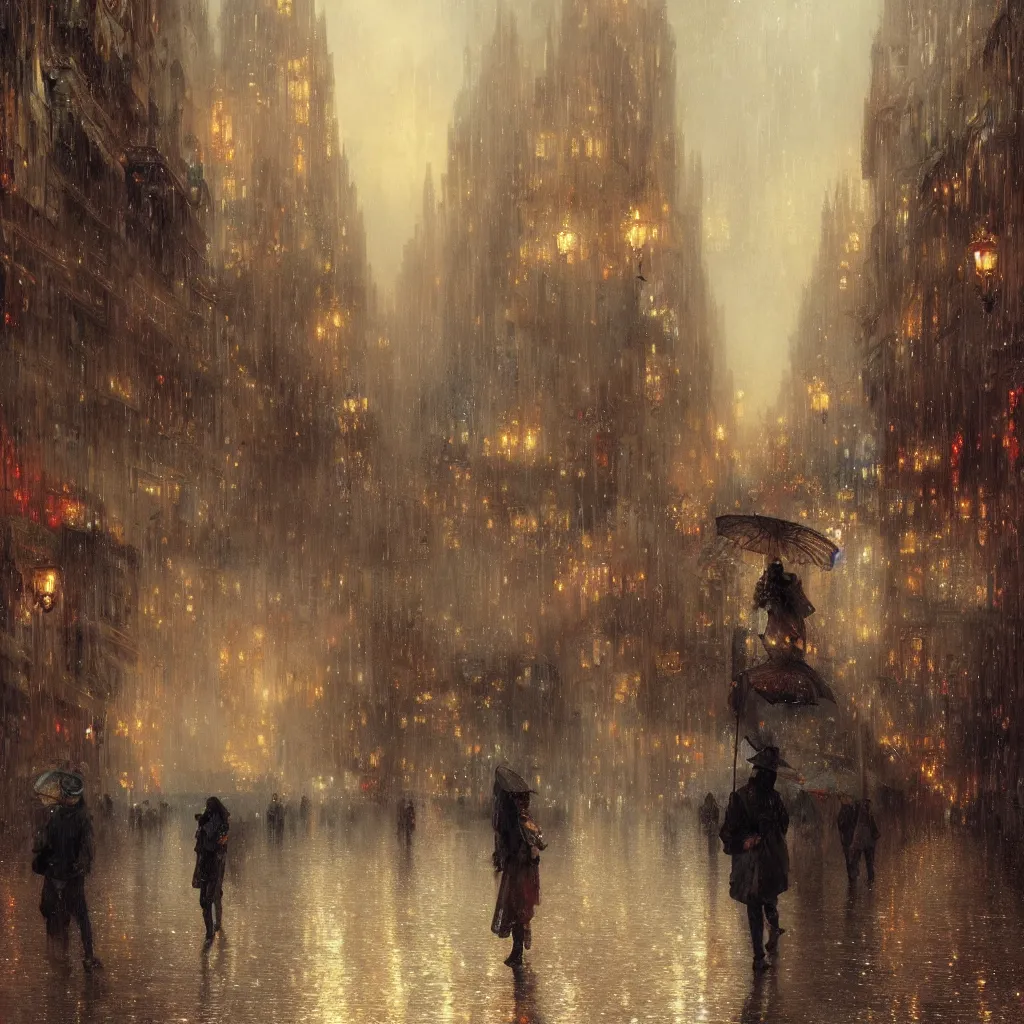 Image similar to a beautifull intricate city, wet sidewalk, people, reflections, raindrops, high details, art by william turner, by greg rutkowski and by alphonse mucha, trending on artstation, extremely detailed, masterpiece