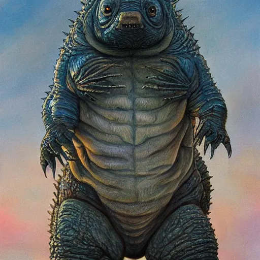 Image similar to realistic painting of a tardigrade kaiju, godzilla, by james gurney