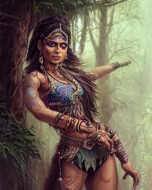 Prompt: a tattooed indian female warrior wearing a magical leotard in a magical forest, hyper realistic face, hyper realistic eyes, beautiful detailed eyes, fantasy art, in the style of greg rutkowski, illustration, epic, fantasy, intricate, hyper detailed, artstation, concept art, smooth, sharp focus, vibrant