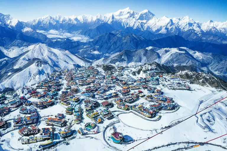 Prompt: Ski resort in nepal, aerial view, promotional ad