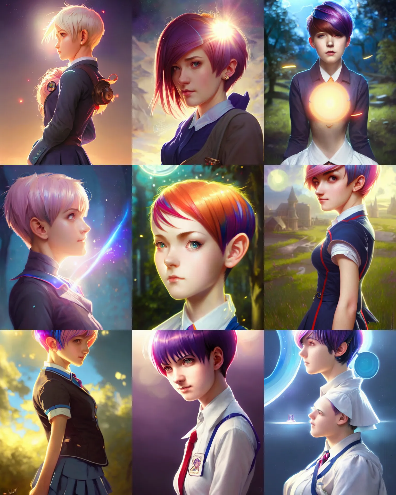 Prompt: side portrait of an innocent lost college girl, magic school uniform, multi - colored hair, short pixie cut hair style, fantasy building, intricate, sharp focus, lens flare, bloom, rim light, illustration, highly detailed, digital painting, concept art, matte, art by wlop and artgerm and greg rutkowski and alphonse mucha, masterpiece