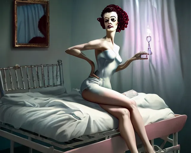 Image similar to phtorealistic modern pin up of the bride of frankenstein posing in a bed in the room of a sanatarium, full body, campy color scheme, realistic, center, smooth, detailed, 8 k, artstation, octane render, ambient lighting, daniela uhlig