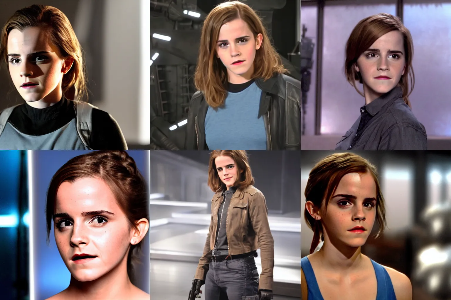 Prompt: Emma Watson as Sarah Conner in a Terminator 2 skit. soft studio lighting, award-winning SNL skit.