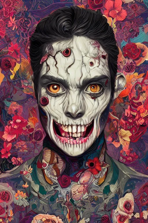 Image similar to a half zombie smiling, Tristan Eaton, victo ngai, artgerm, RHADS, ross draws