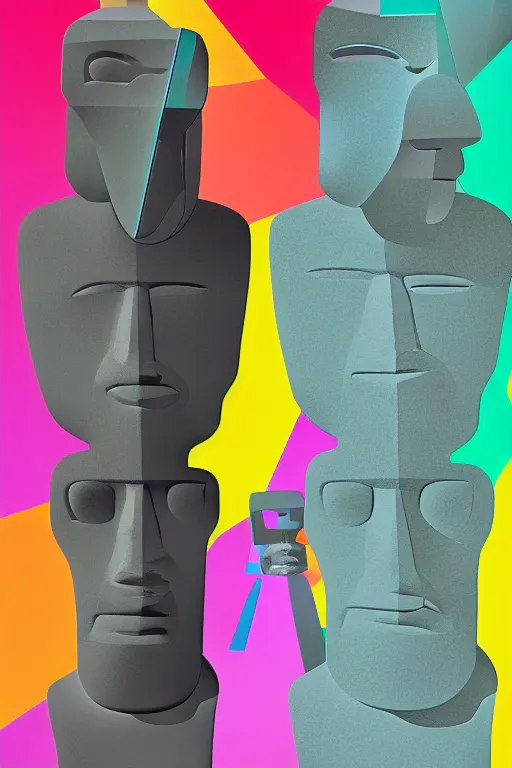 Image similar to cubist moai statue cutout digital illustration cartoon colorful beeple