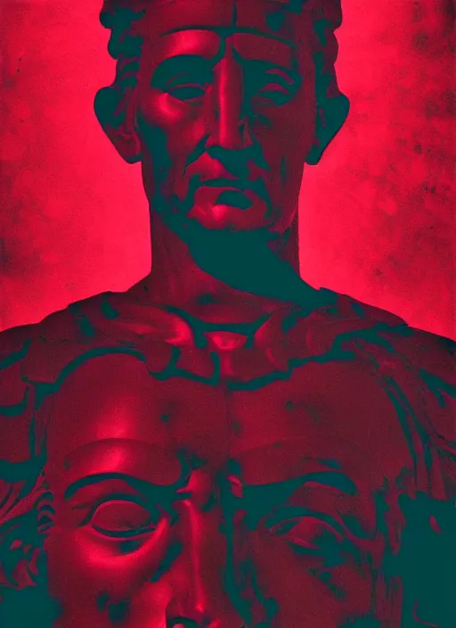 Image similar to black background with subtle red and purple design elements, statue of julius caesar, nekro, poster art, thin lines, dark, glitch art, neo vaporwave, gritty, layout frame, trending on artstation