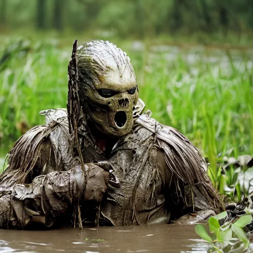 Image similar to film still of sir david attenborough as major dutch, covered in mud and hiding from the predator predator predator in swamp scene in 1 9 8 7 movie predator, hd, 4 k