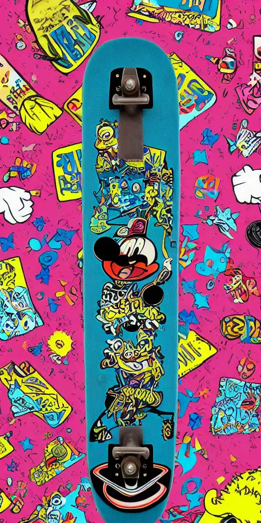 Image similar to fuzzbucket skateboard art by jamie thomas and toy machine, disney channel,