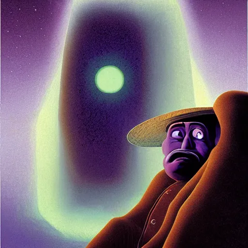 Prompt: portrait of a distressed old man as an omniscient being , high detail, floating particles, glowing purple eyes, background by john harris + david a. hardy, artwork by jean giraud + goro fujita