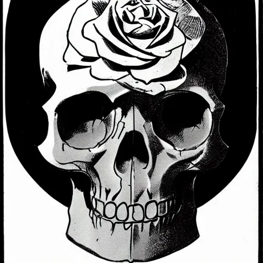 Prompt: Roses growing out of a skull. Centered, Dark Fantasy, Film Noir, Black and White. High Contrast, Mike Mignola, D&D, OSR