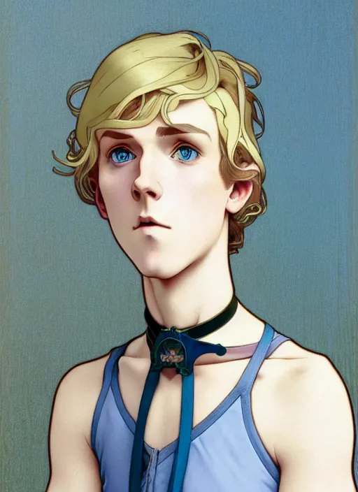 Image similar to art nouveau portrait of a pretty young man with short blond hair, light blue eyes, sad expression, scared, head down, shy and demure, wearing a choker collar, natural lighting, path traced, highly detailed, high quality, cartoon, digital painting, by don bluth and ross tran and studio ghibli and alphonse mucha