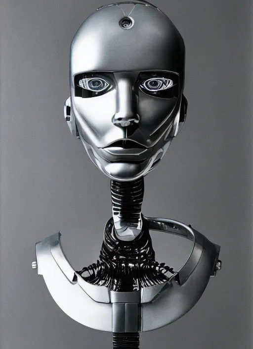 Image similar to a portrait photograph of a robot head designed by Kehinde Wiley, 35mm, pentax, studio