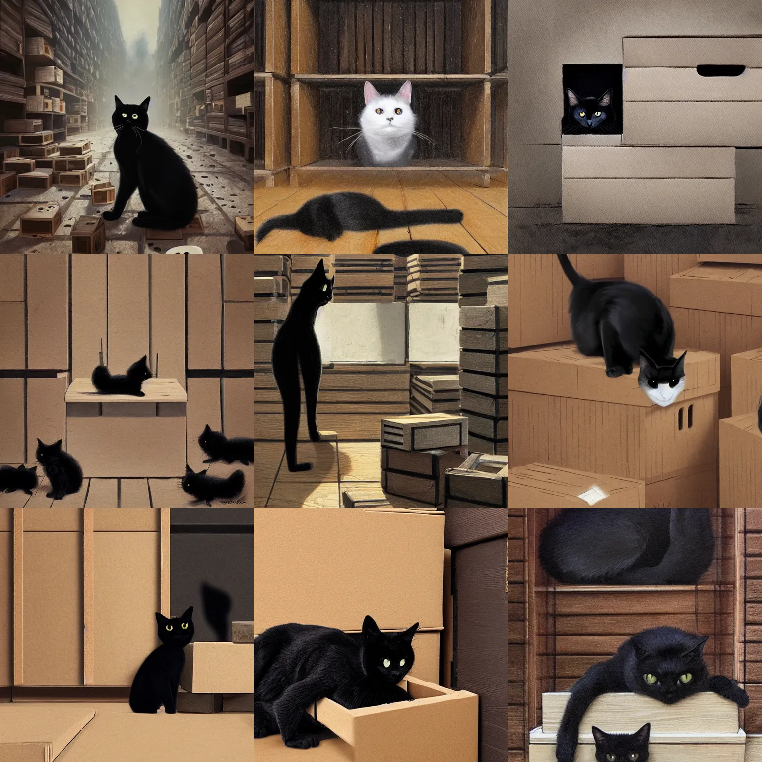 Prompt: a black cat with a white spot on its chest hiding among wooden boxes, by greg rutkowski and anna podedworna