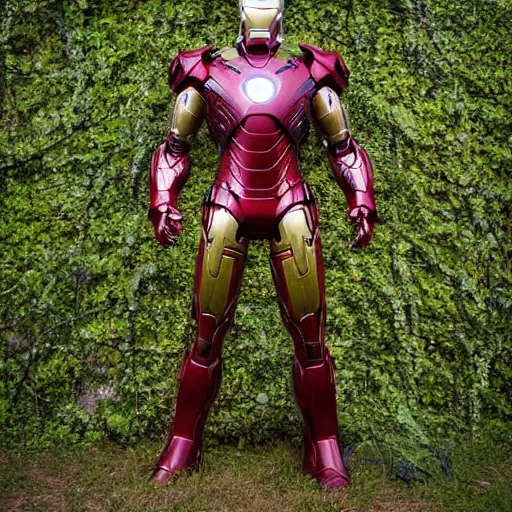 Image similar to abandoned iron man suit, overgrown and covered in vines, 4k realistic photo