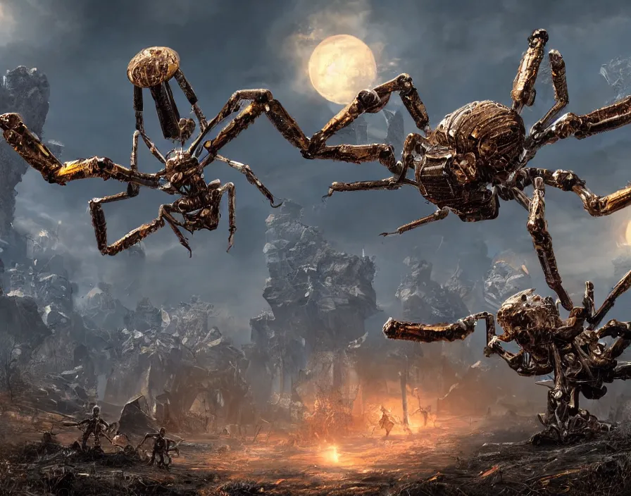 Prompt: big metal spider in tactical rpg videogame, beautiful graphics, fantasy artwork, very beautiful scenery, hdv, hdr, ue 5, ue 6, unreal engine 5, cinematic 4 k wallpaper, 8 k, ultra detailed